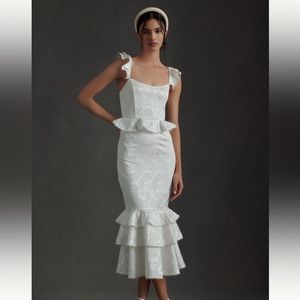 V chapman violet corset ruffled tiered hemmed midi dress